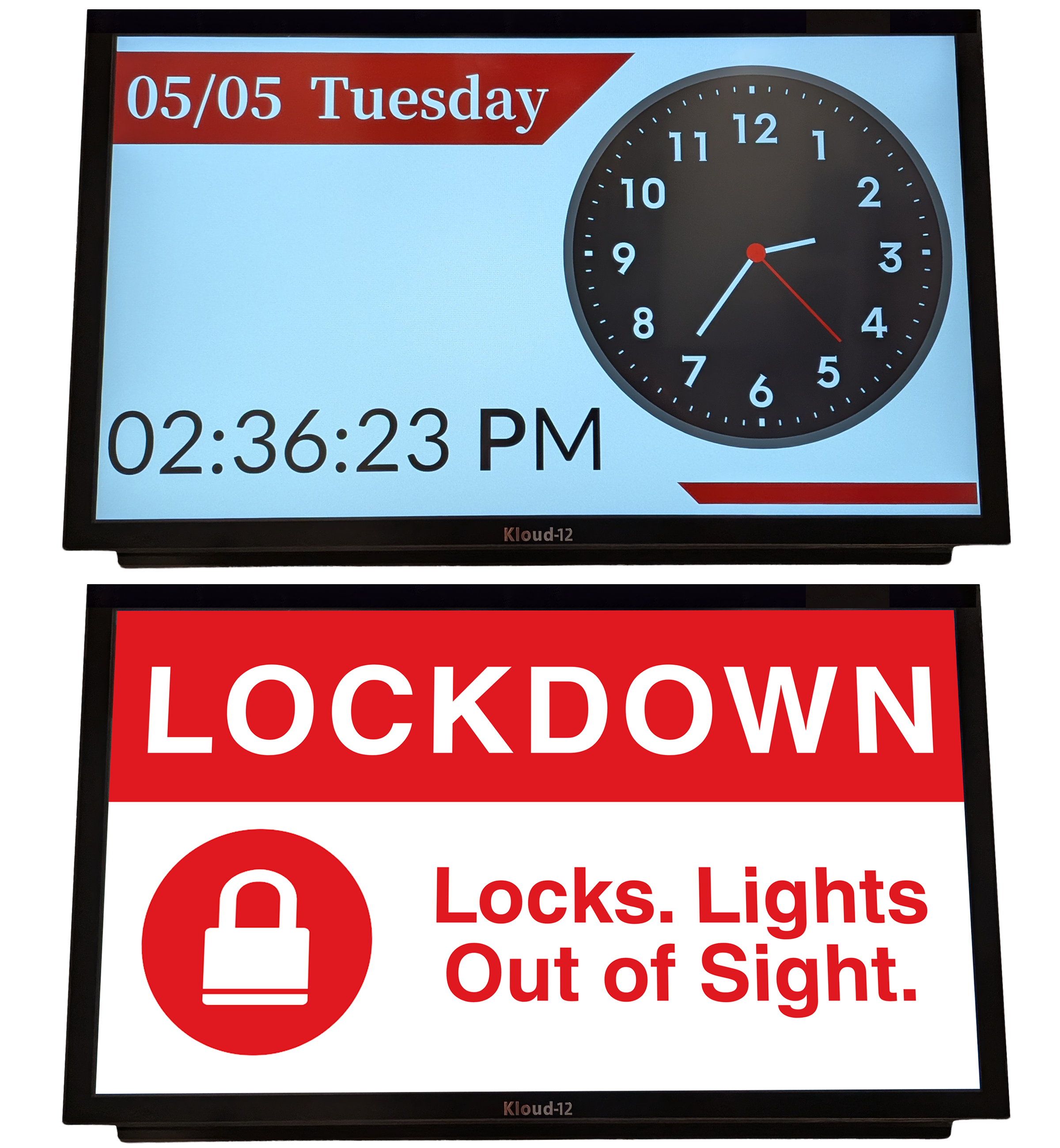 Kloud-12 Digital Signage Clock and Lockdown Stacked
